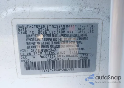 2017 Nissan Sentra Sr из США, поврежденный, VIN 3N1AB7AP8HY206495